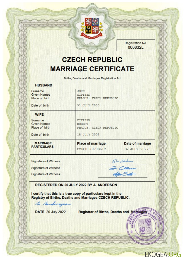 Modèle Word et PDF d'acte de mariage en République tchèque